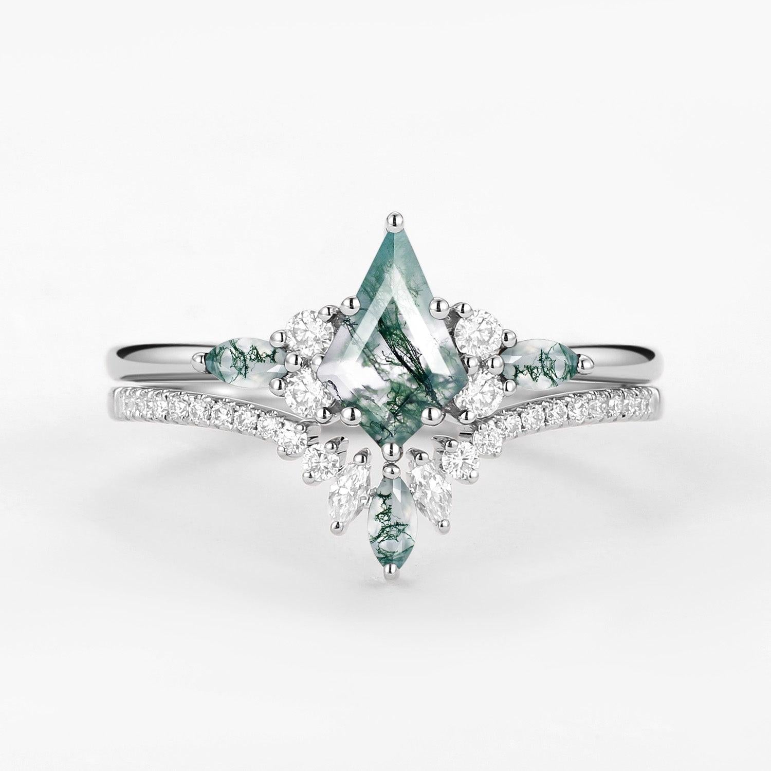 Cecilia’s Trine | Kite Cut Green Moss Agate Three Stone Bridal Set 2pcs.