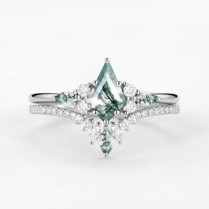 Cecilia’s Trine | Kite Cut Green Moss Agate Three Stone Bridal Set 2pcs.