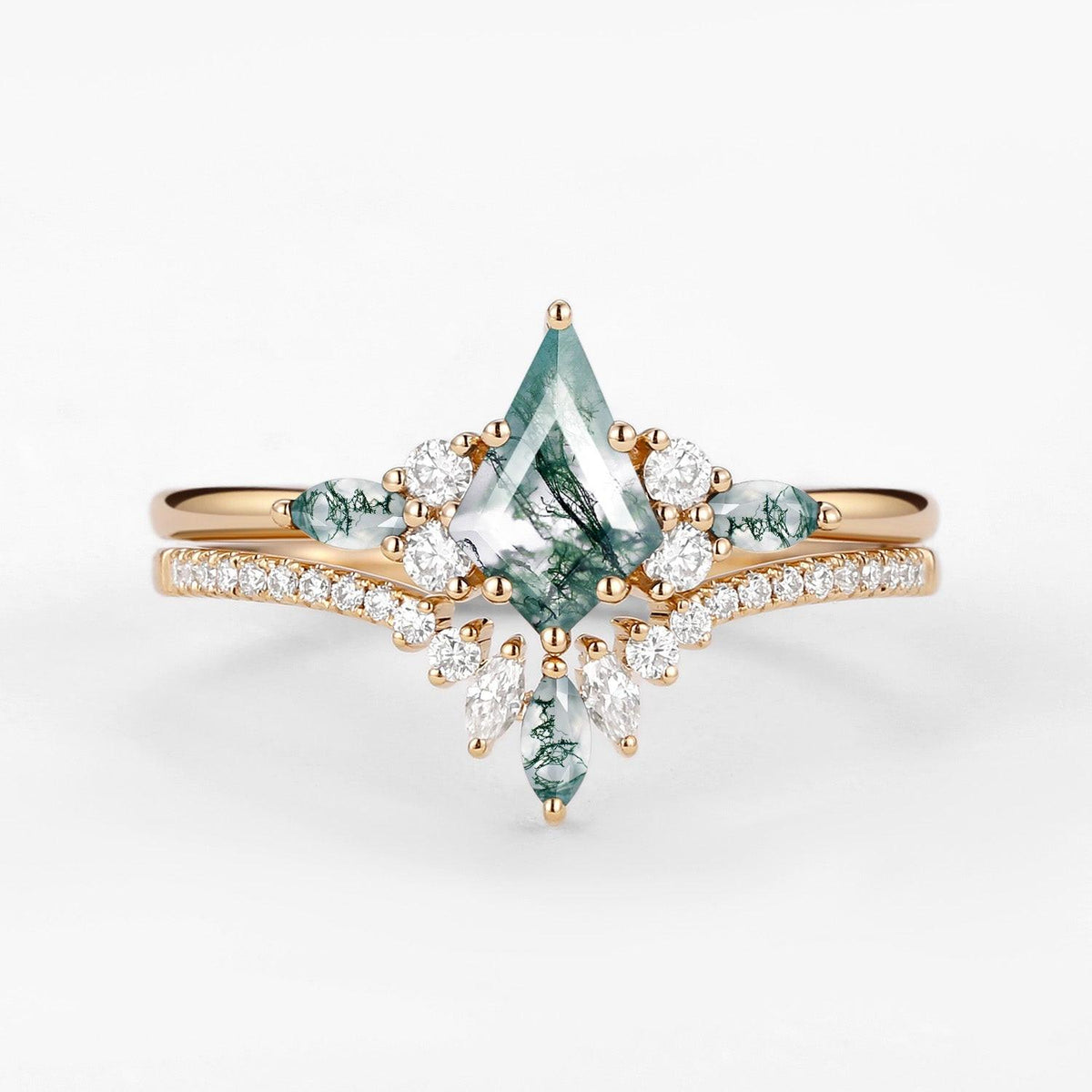 Cecilia’s Trine | Kite Cut Green Moss Agate Three Stone Bridal Set 2pcs.