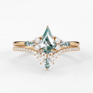 Cecilia’s Trine | Kite Cut Green Moss Agate Three Stone Bridal Set 2pcs.