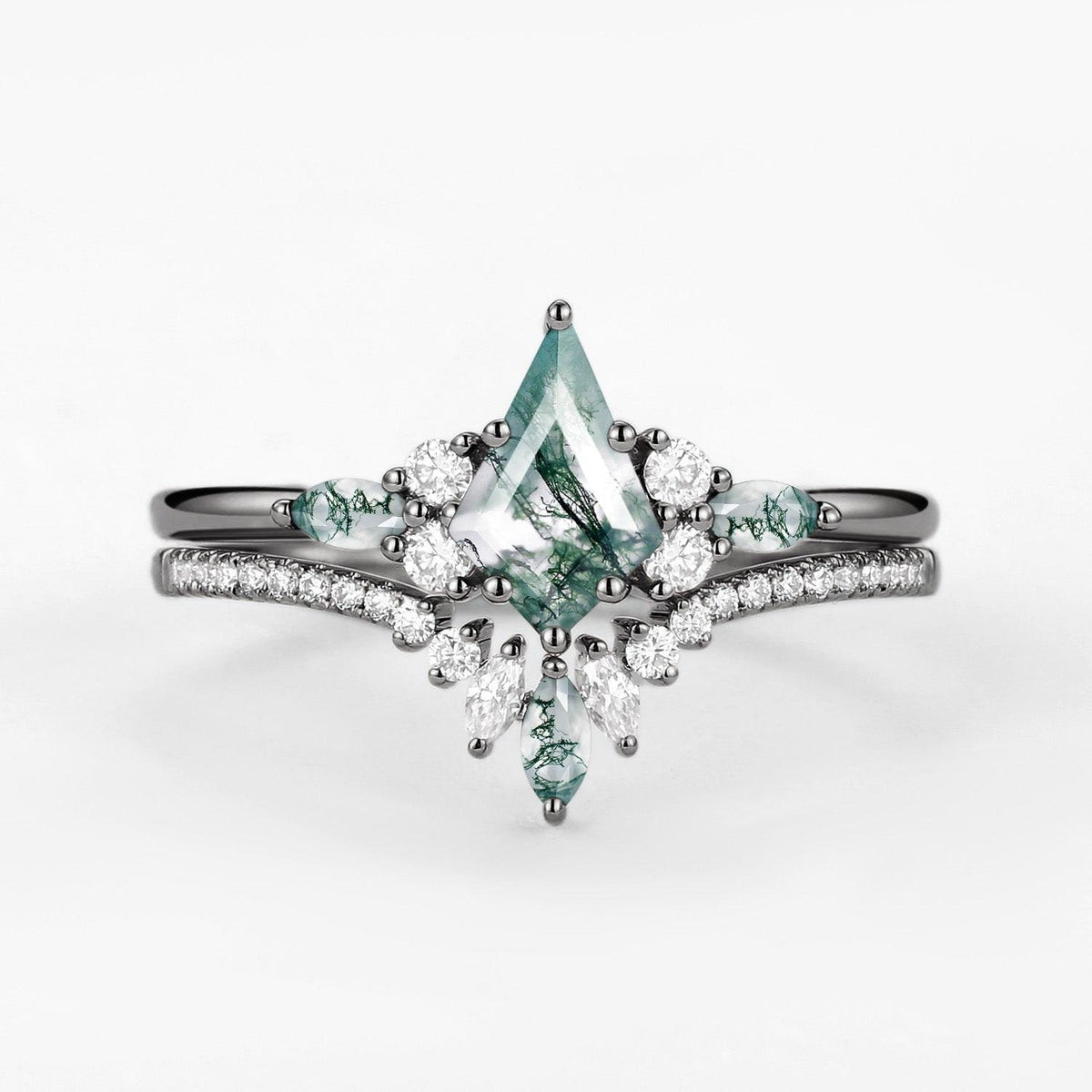 Nyx’s Grove | Black Gold Kite Cut Green Moss Agate Bridal Set 2pcs.
