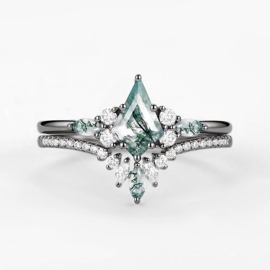 Nyx’s Grove | Black Gold Kite Cut Green Moss Agate Bridal Set 2pcs.