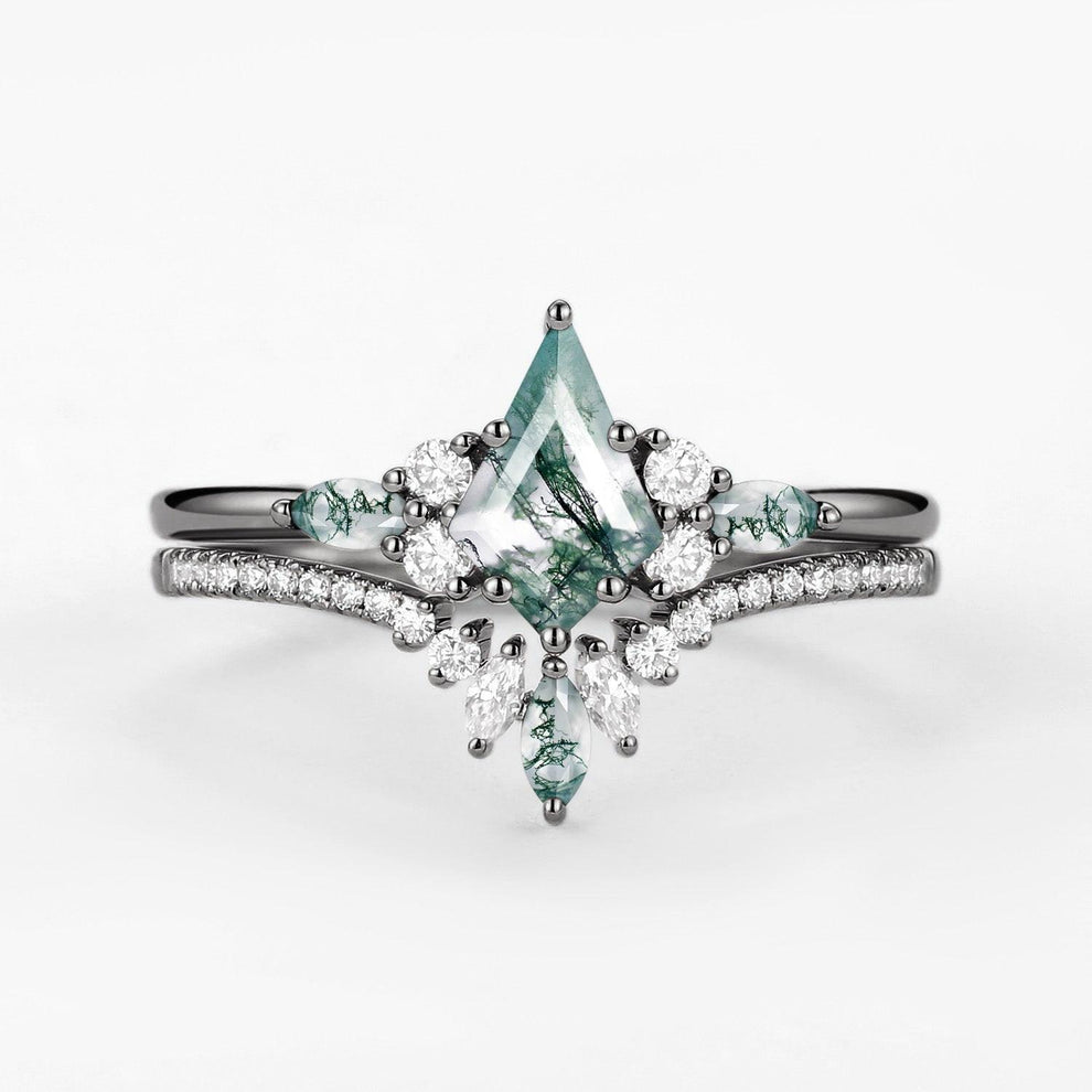 Nyx’s Grove | Black Gold Kite Cut Green Moss Agate Bridal Set 2pcs.