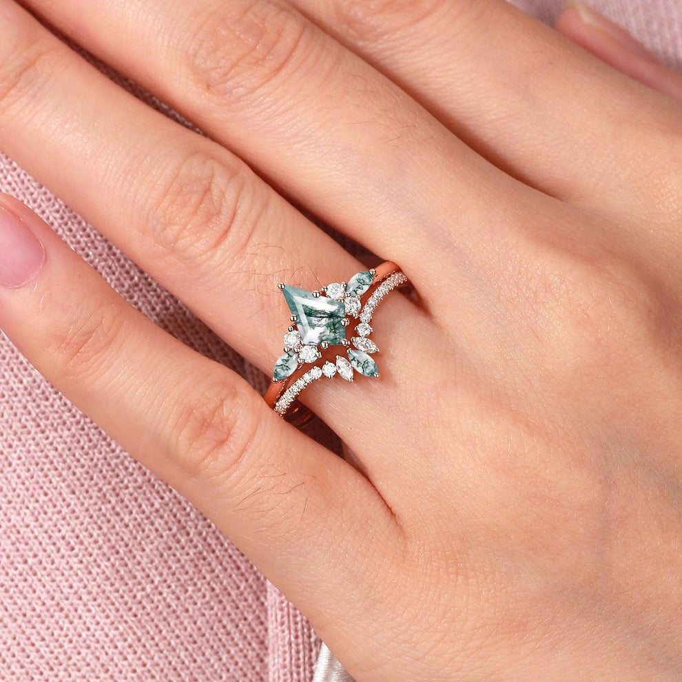 Cecilia’s Trine | Kite Cut Green Moss Agate Three Stone Bridal Set 2pcs.