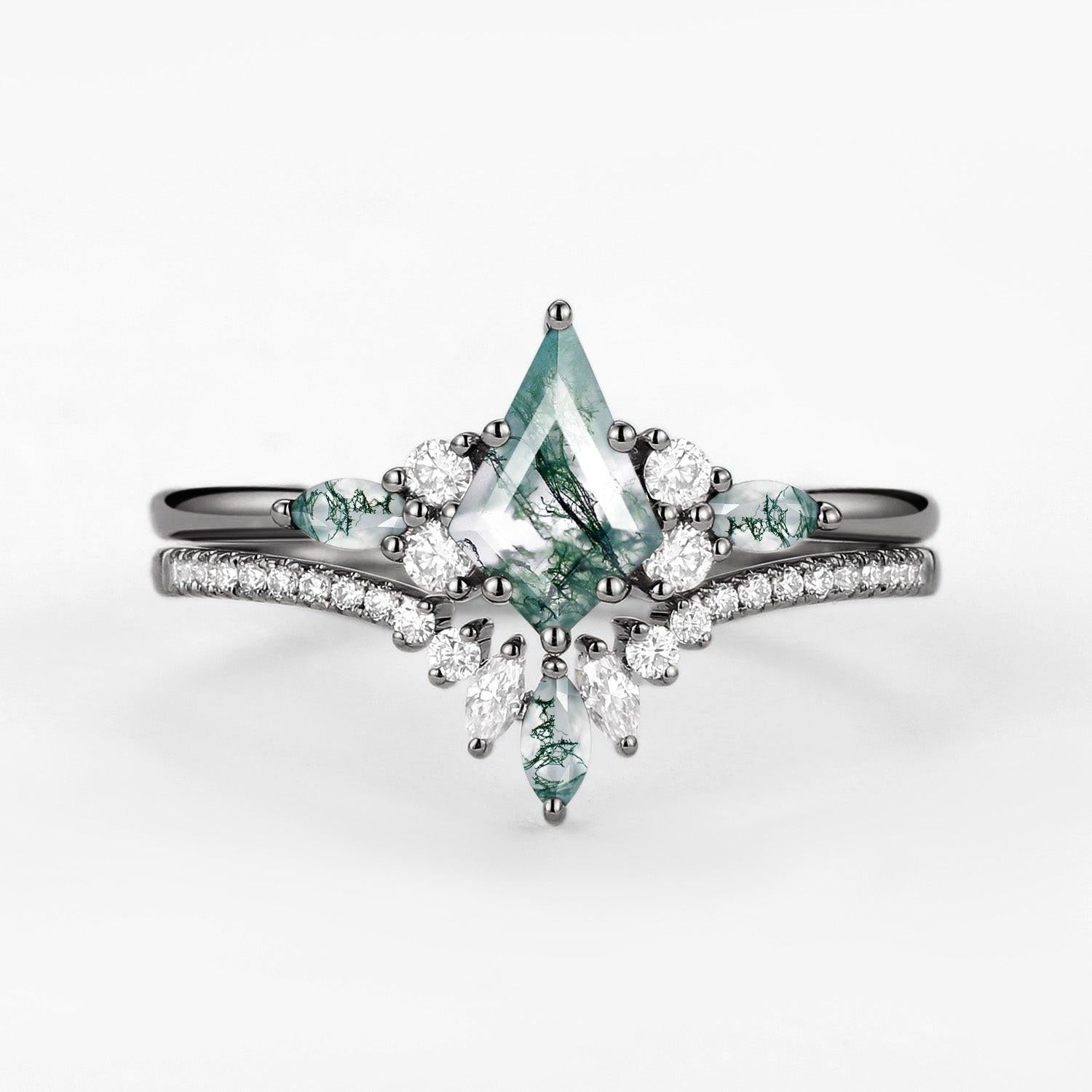 Cecilia’s Trine | Kite Cut Green Moss Agate Three Stone Bridal Set 2pcs.