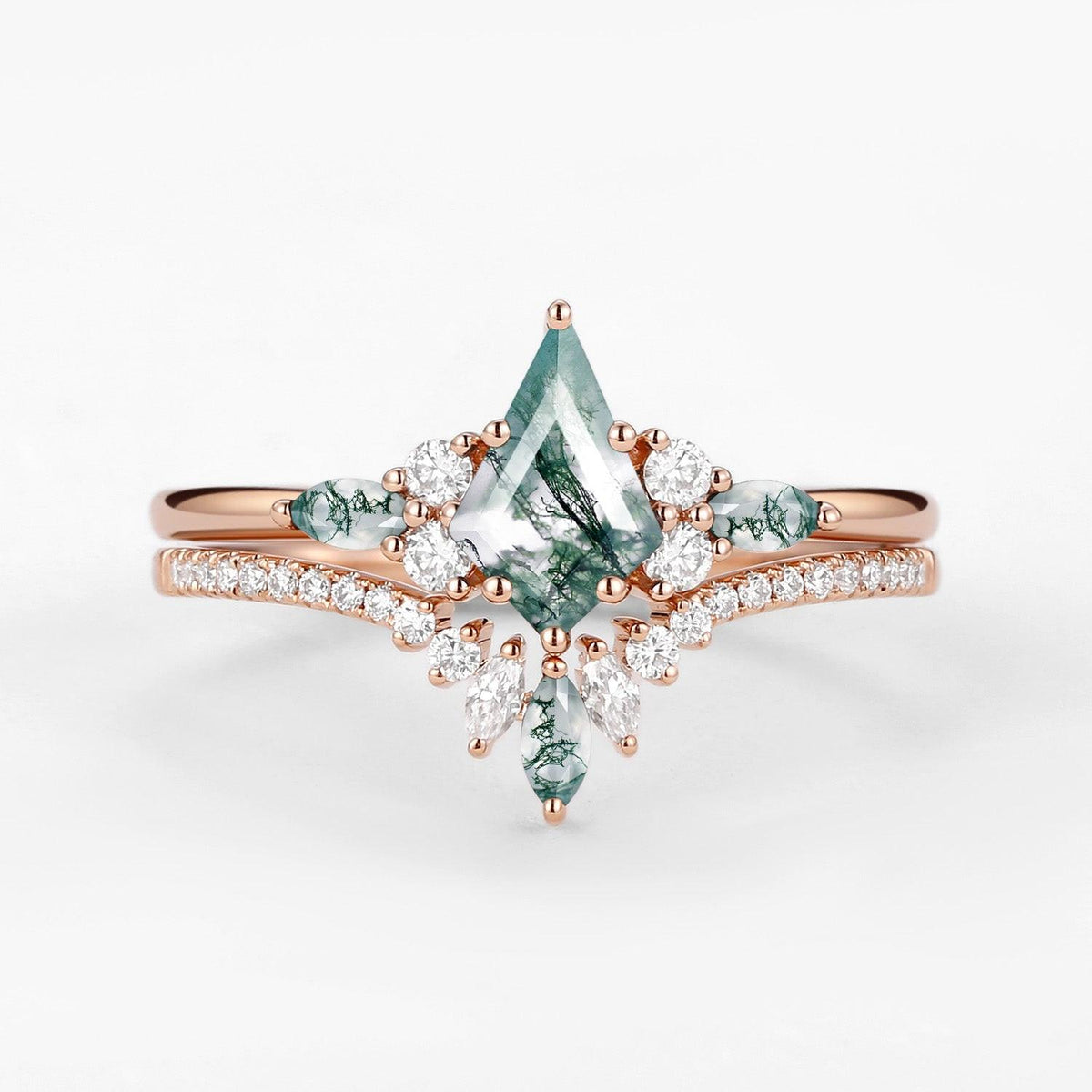 Cecilia’s Trine | Kite Cut Green Moss Agate Three Stone Bridal Set 2pcs.