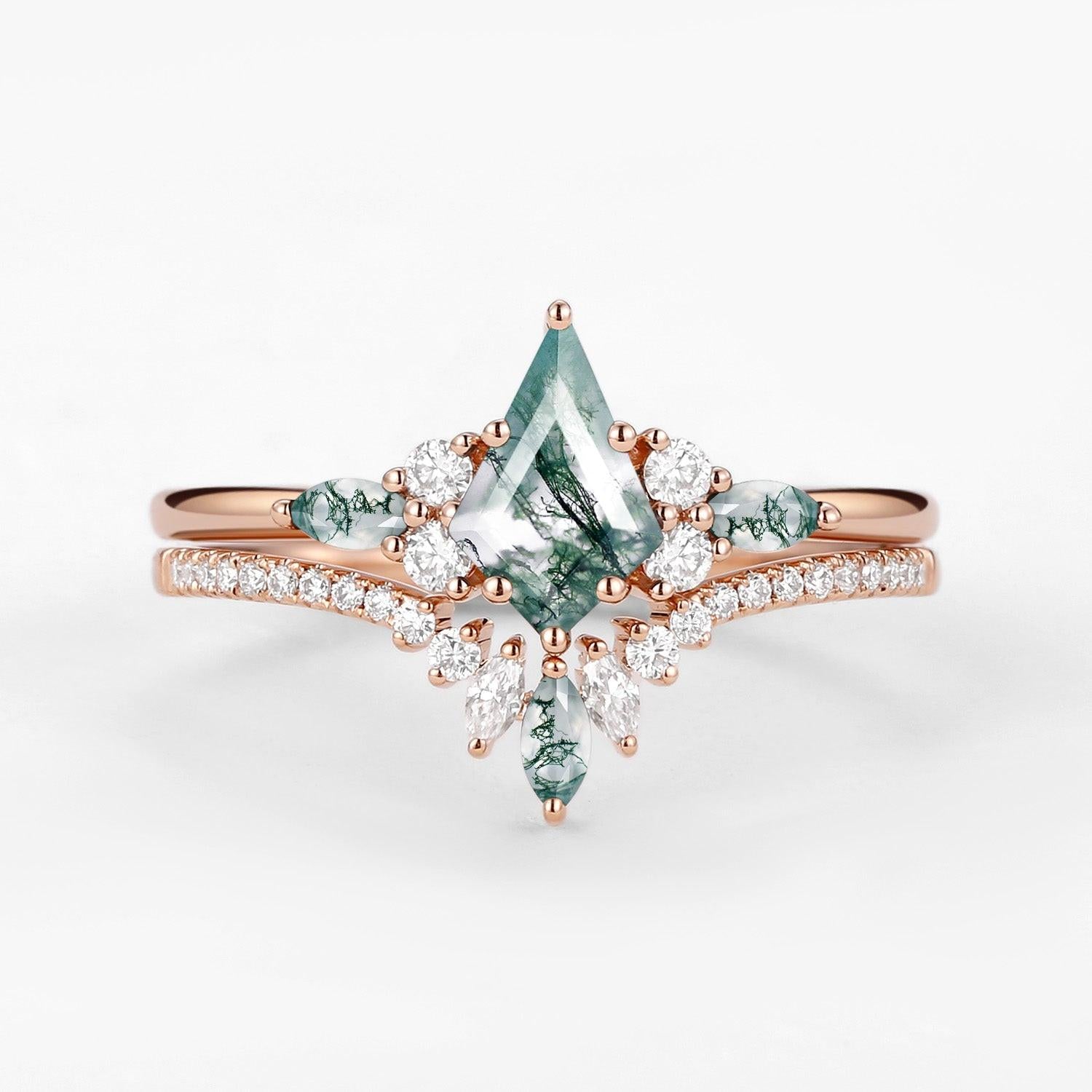 Cecilia’s Trine | Kite Cut Green Moss Agate Three Stone Bridal Set 2pcs.
