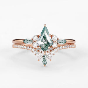 Cecilia’s Trine | Kite Cut Green Moss Agate Three Stone Bridal Set 2pcs.