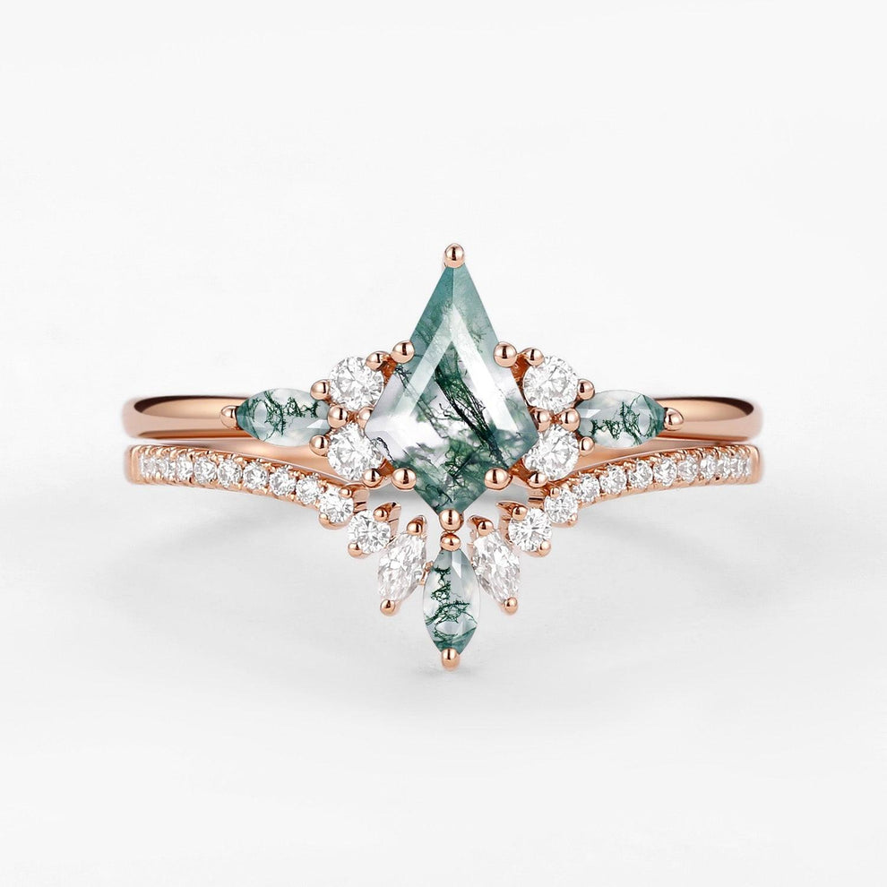 Cecilia’s Trine | Kite Cut Green Moss Agate Three Stone Bridal Set 2pcs.