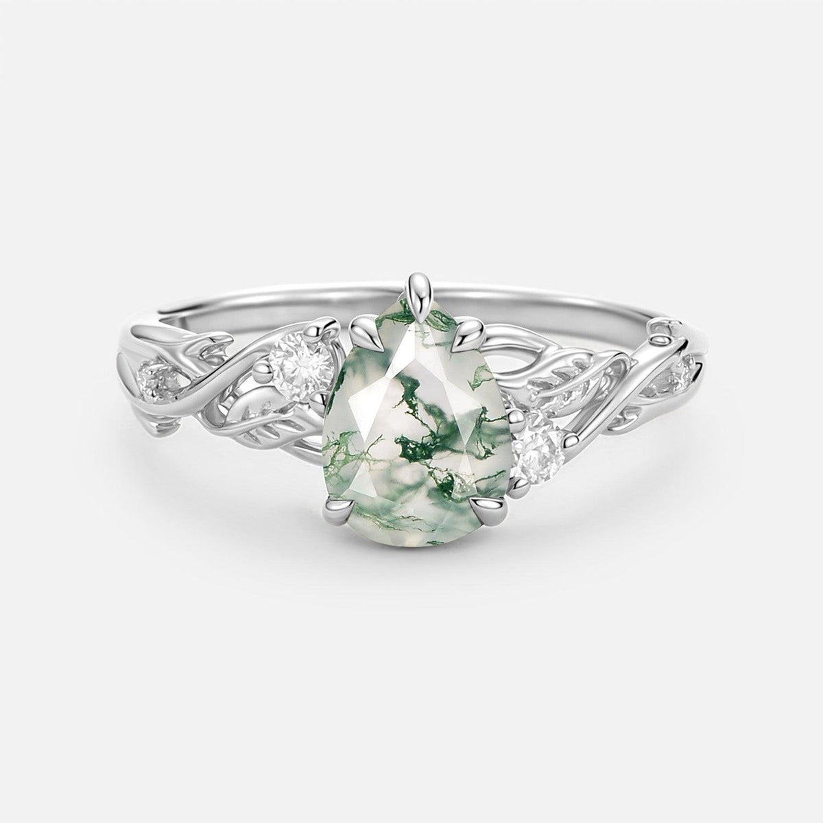 Pear Cut Moss Agate Nature Inspired Engagement Ring.