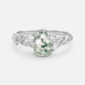 Pear Cut Moss Agate Nature Inspired Engagement Ring