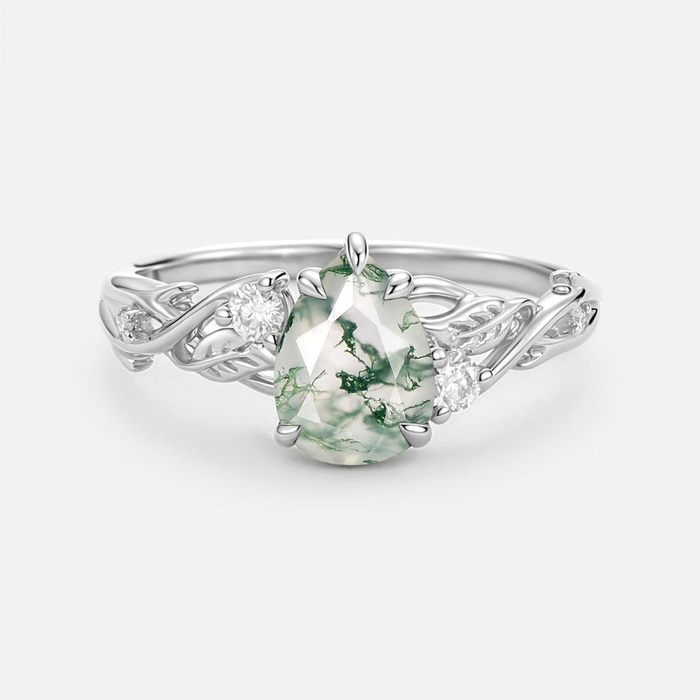 Pear Cut Moss Agate Nature Inspired Engagement Ring.