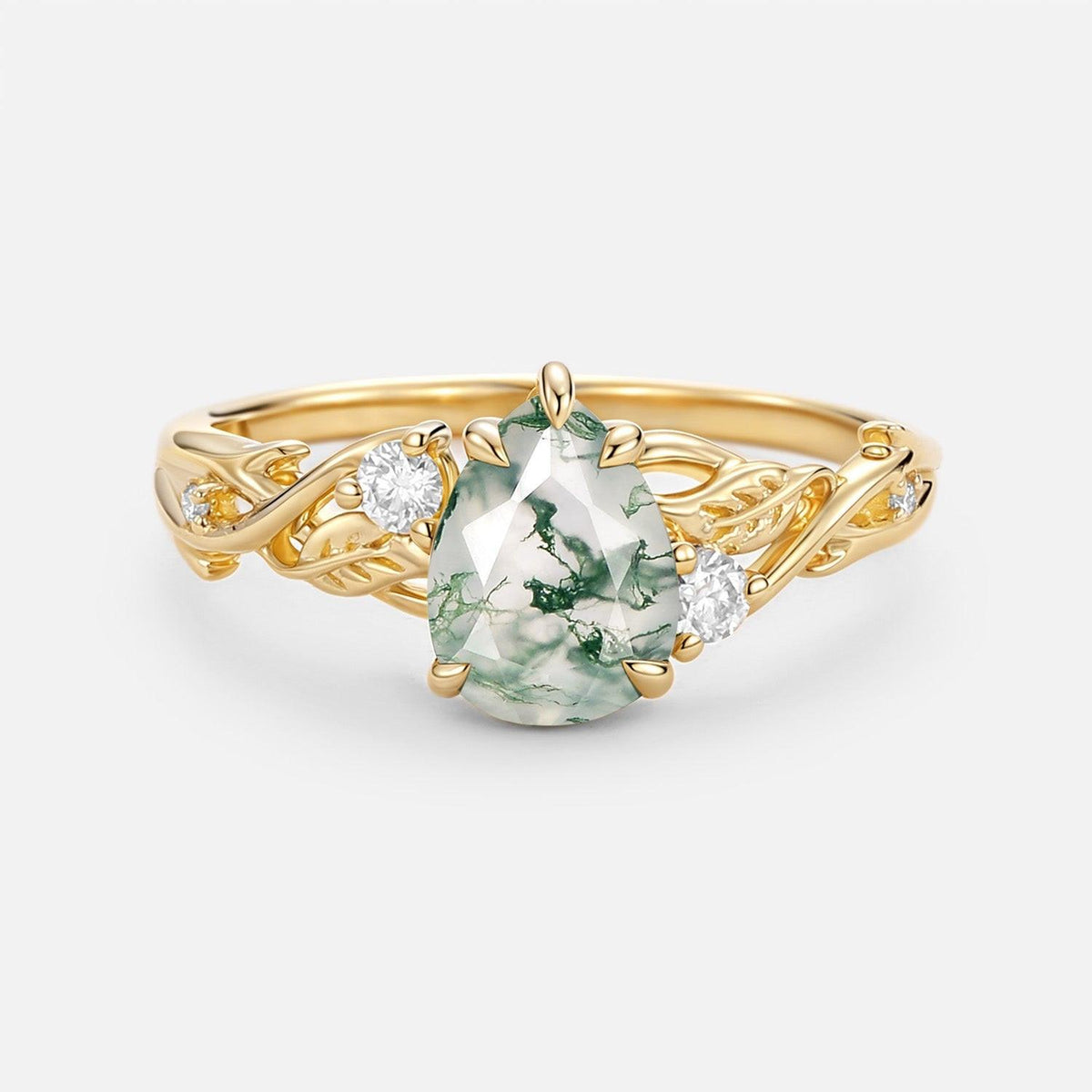 Pear Cut Moss Agate Nature Inspired Engagement Ring.