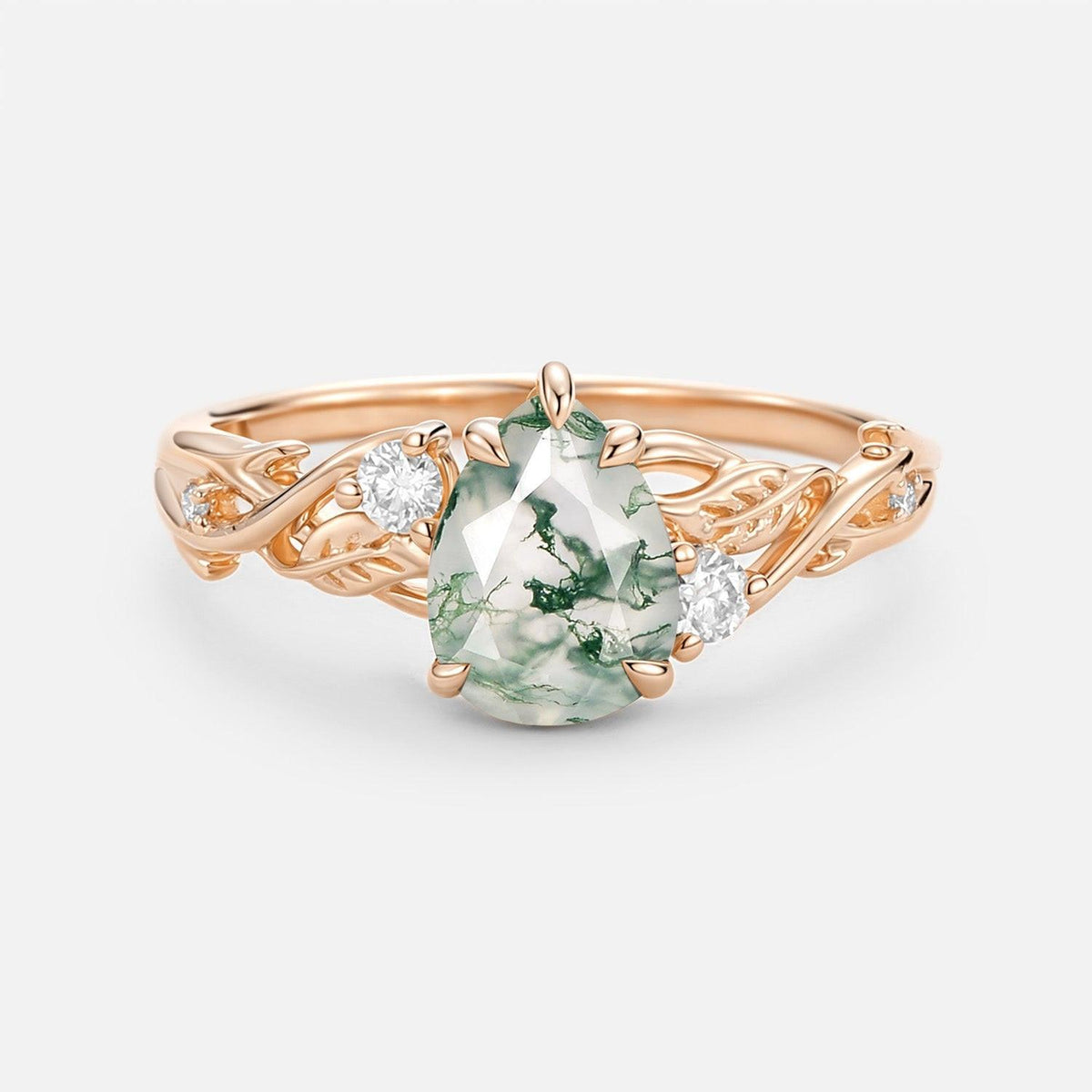 Pear Cut Moss Agate Nature Inspired Engagement Ring.