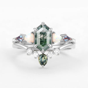 Sylvie’s Mosaic | Hexagon Cut Moss Agate, Opal, Alexandrite & Teal Sapphire Bridal Set 2pcs.