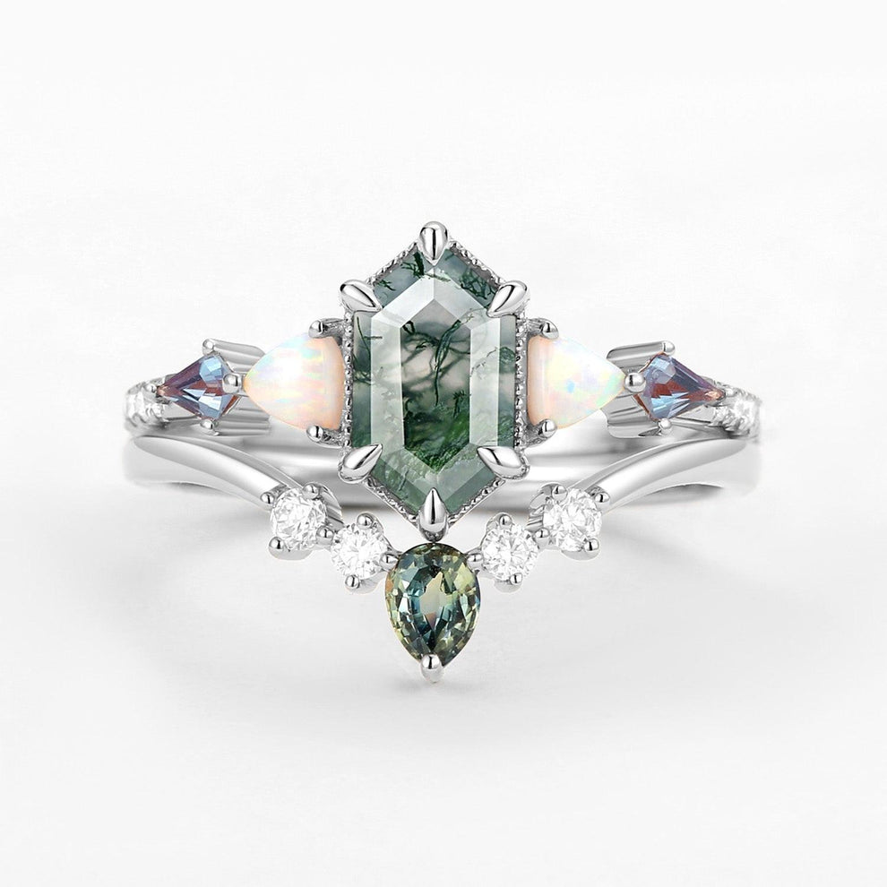 Sylvie’s Mosaic | Hexagon Cut Moss Agate, Opal, Alexandrite & Teal Sapphire Bridal Set 2pcs.