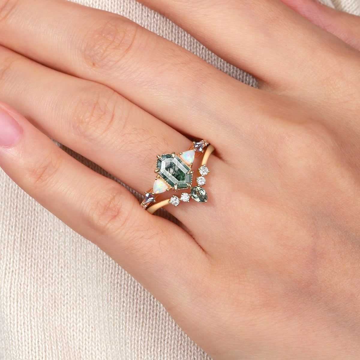 Sylvie’s Mosaic | Hexagon Cut Moss Agate, Opal, Alexandrite & Teal Sapphire Bridal Set 2pcs.