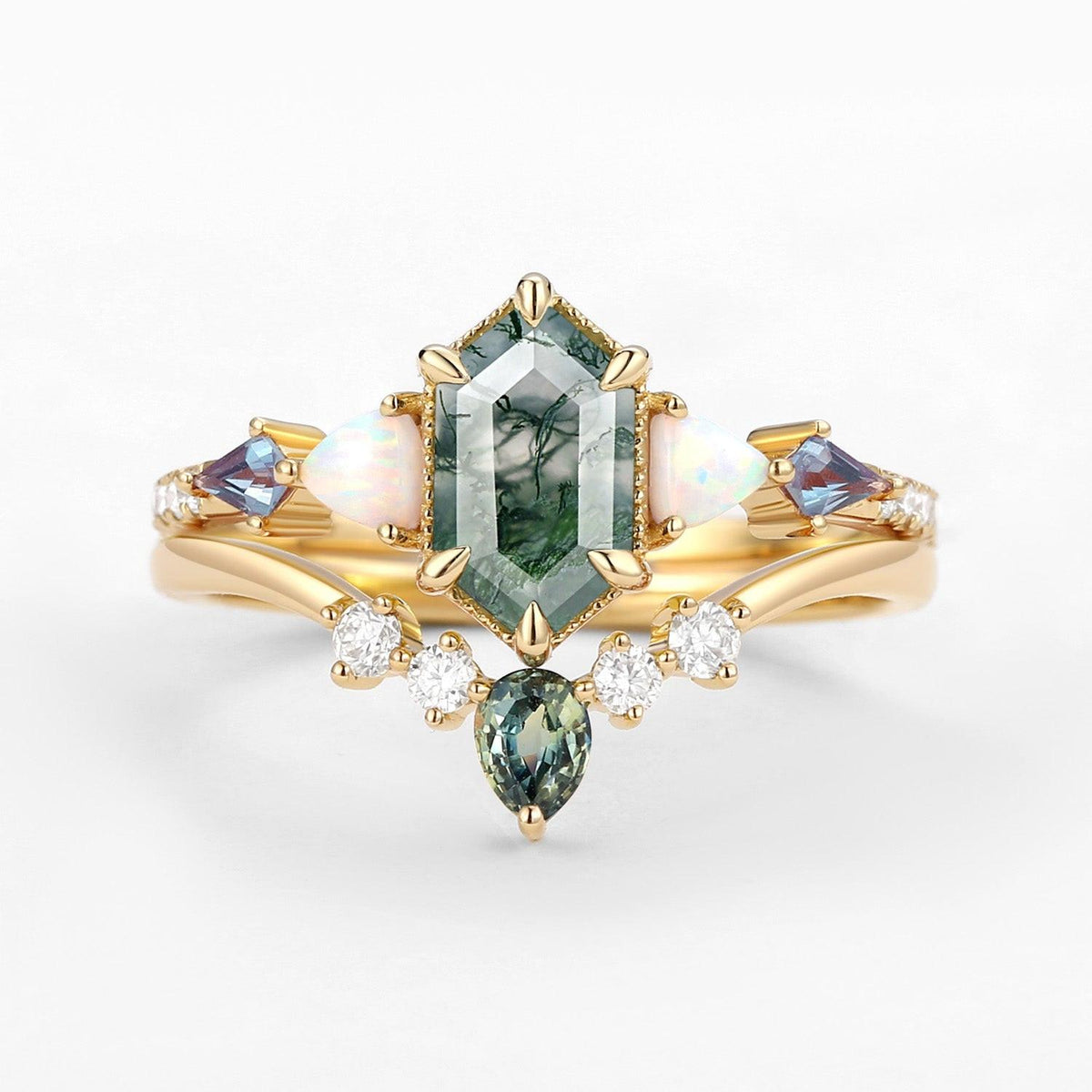 Sylvie’s Mosaic | Hexagon Cut Moss Agate, Opal, Alexandrite & Teal Sapphire Bridal Set 2pcs.