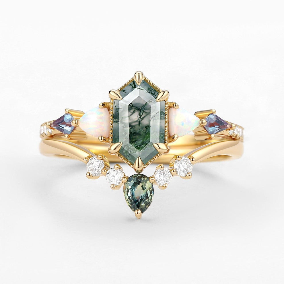 Sylvie’s Mosaic | Hexagon Cut Moss Agate, Opal, Alexandrite & Teal Sapphire Bridal Set 2pcs.