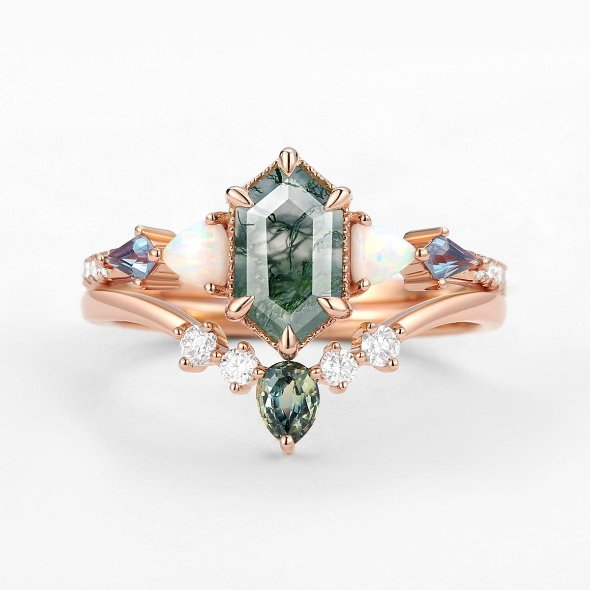 Sylvie’s Mosaic | Hexagon Cut Moss Agate, Opal, Alexandrite & Teal Sapphire Bridal Set 2pcs.