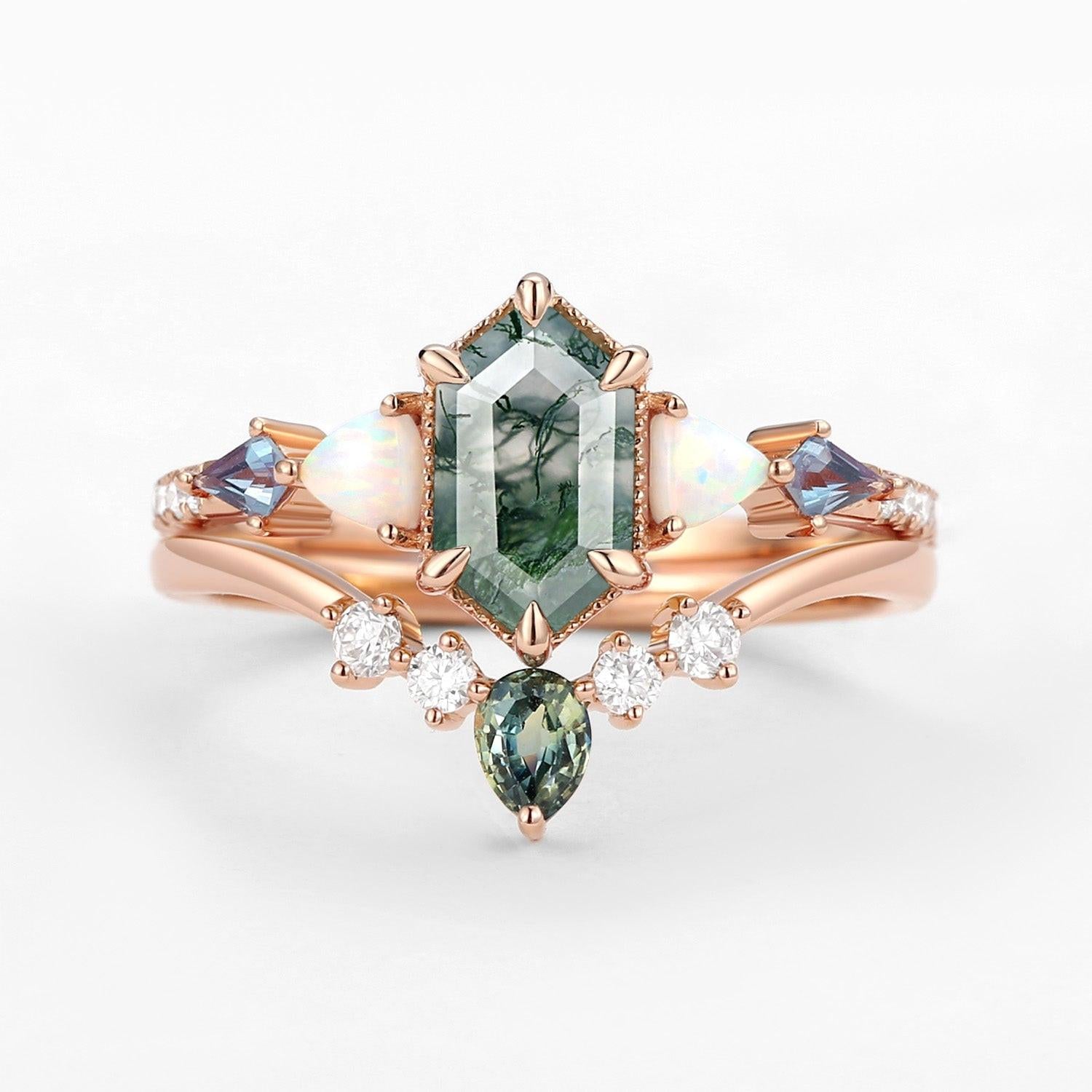 Sylvie’s Mosaic | Hexagon Cut Moss Agate, Opal, Alexandrite & Teal Sapphire Bridal Set 2pcs.