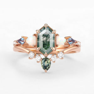 Sylvie’s Mosaic | Hexagon Cut Moss Agate, Opal, Alexandrite & Teal Sapphire Bridal Set 2pcs.