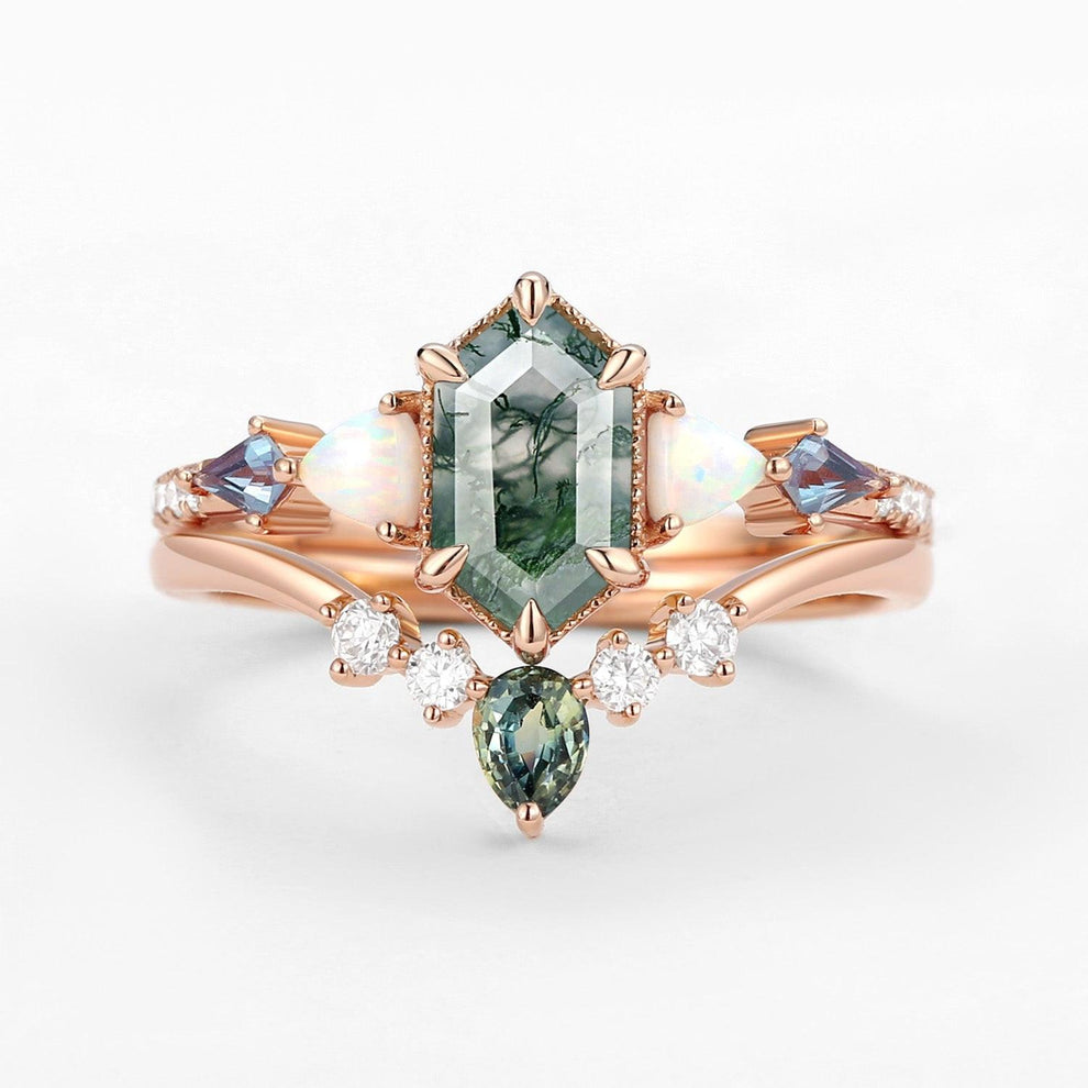Sylvie’s Mosaic | Hexagon Cut Moss Agate, Opal, Alexandrite & Teal Sapphire Bridal Set 2pcs.