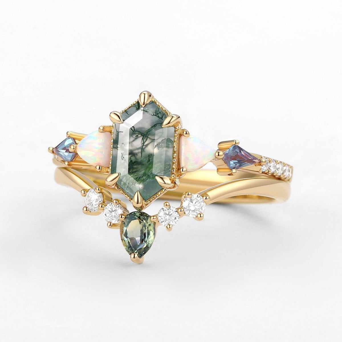 Sylvie’s Mosaic | Hexagon Cut Moss Agate, Opal, Alexandrite & Teal Sapphire Bridal Set 2pcs.