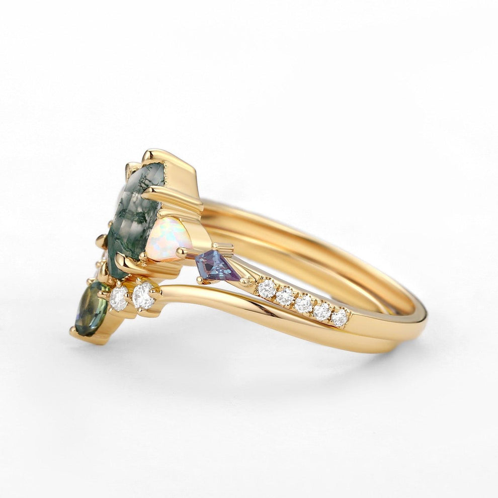 Sylvie’s Mosaic | Hexagon Cut Moss Agate, Opal, Alexandrite & Teal Sapphire Bridal Set 2pcs.