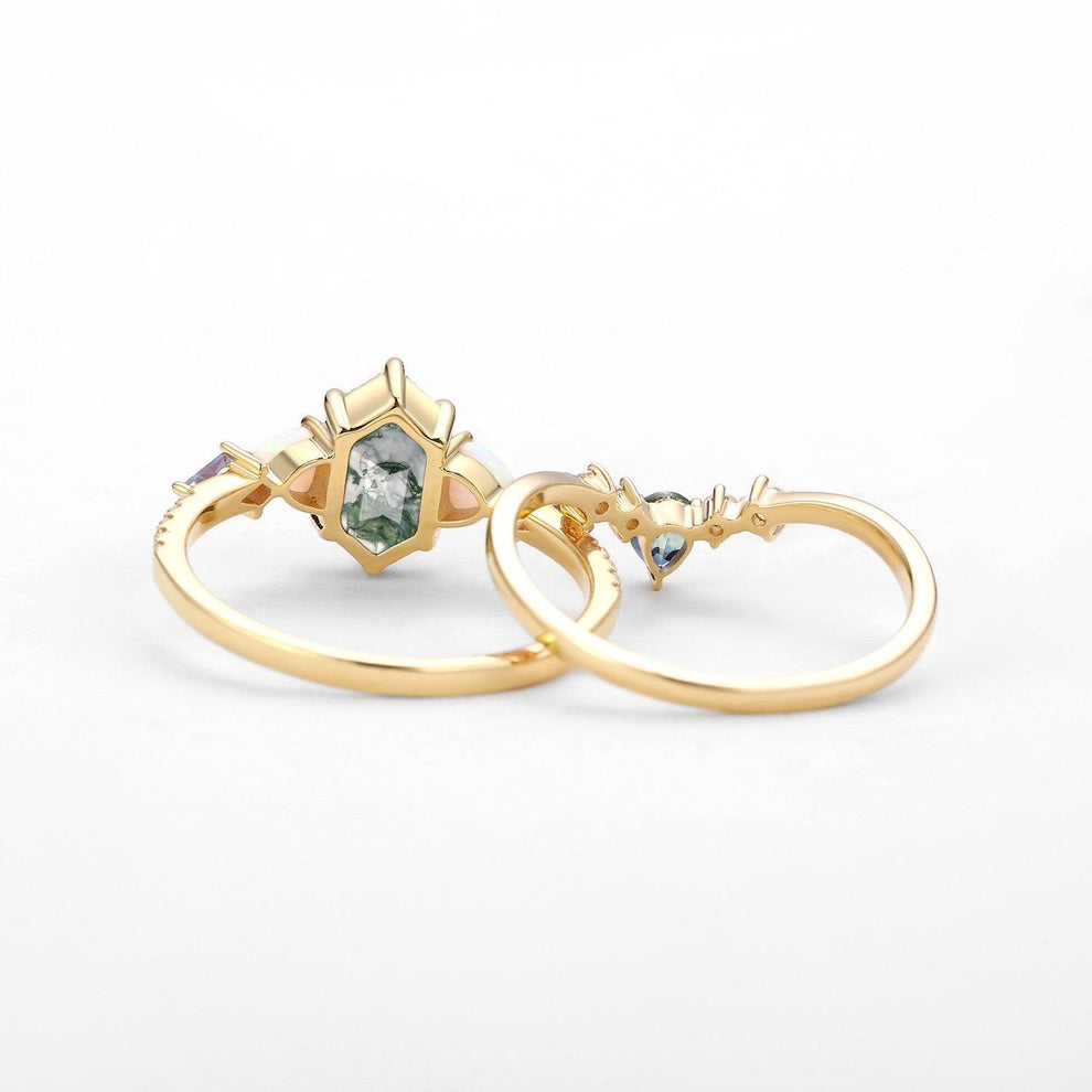 Sylvie’s Mosaic | Hexagon Cut Moss Agate, Opal, Alexandrite & Teal Sapphire Bridal Set 2pcs.