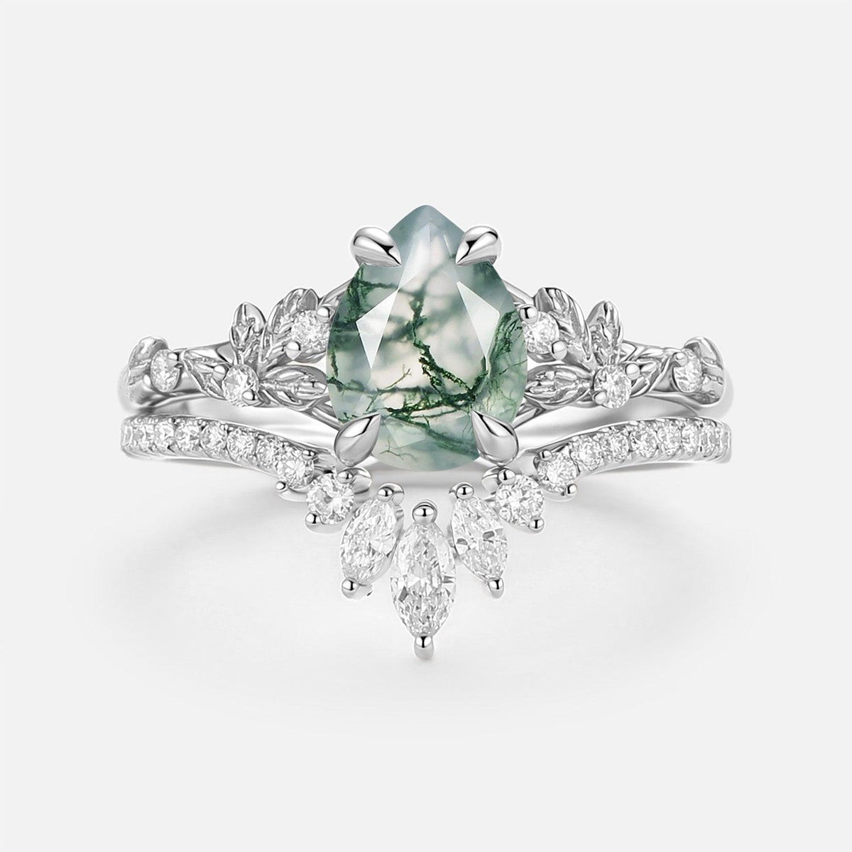 Kestrel Pear Cut Leafy Moss Agate Engagement Ring Set 2pcs.