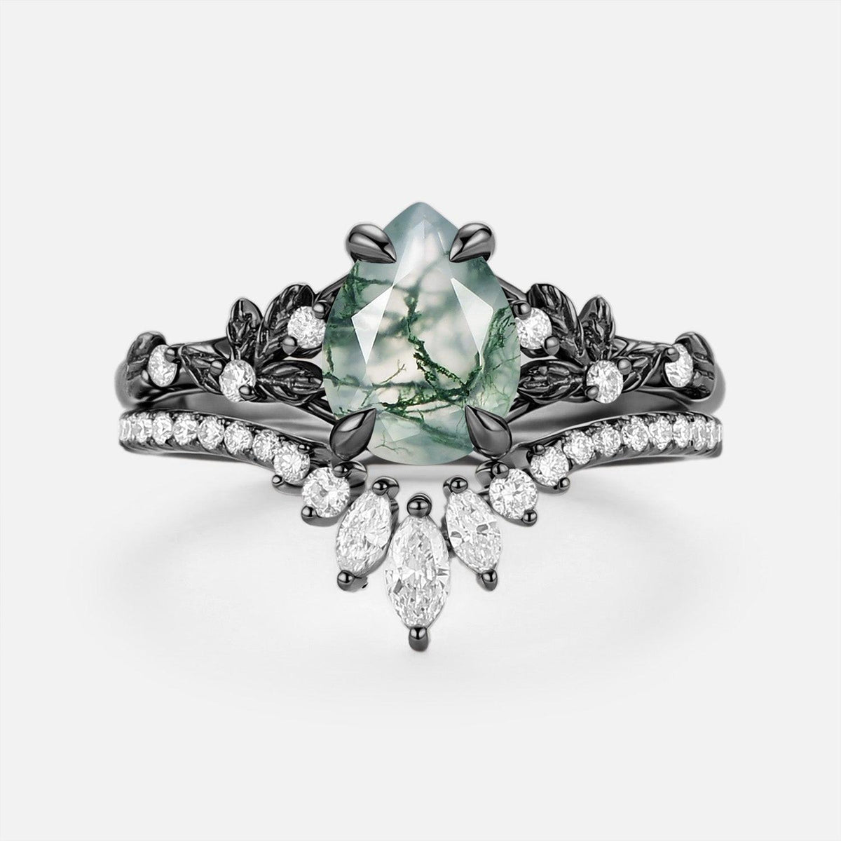 Kestrel Pear Cut Leafy Moss Agate Engagement Ring Set 2pcs.