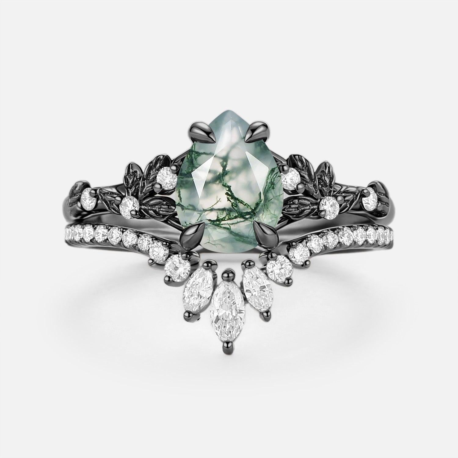 Kestrel Pear Cut Leafy Moss Agate Engagement Ring Set 2pcs.