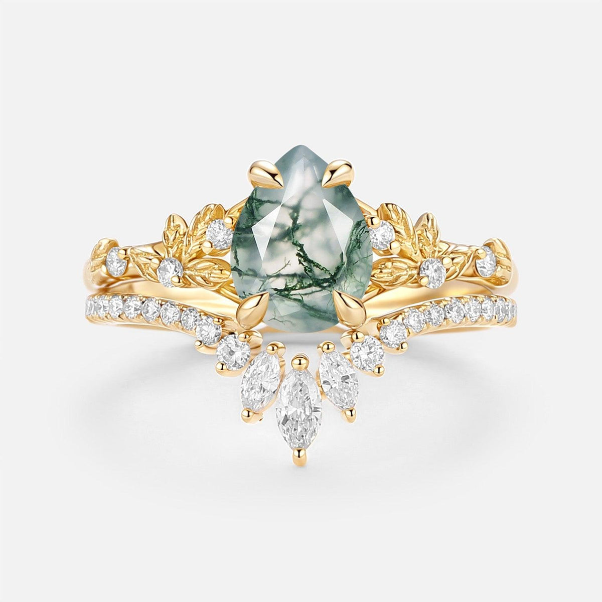 Kestrel Pear Cut Leafy Moss Agate Engagement Ring Set 2pcs.