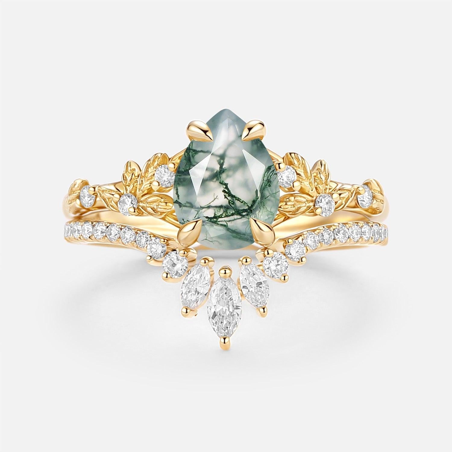 Kestrel Pear Cut Leafy Moss Agate Engagement Ring Set 2pcs.
