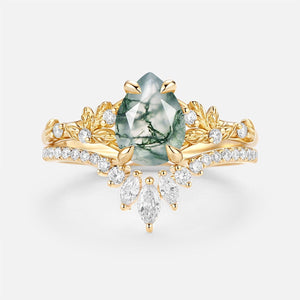 Kestrel Pear Cut Leafy Moss Agate Engagement Ring Set 2pcs.