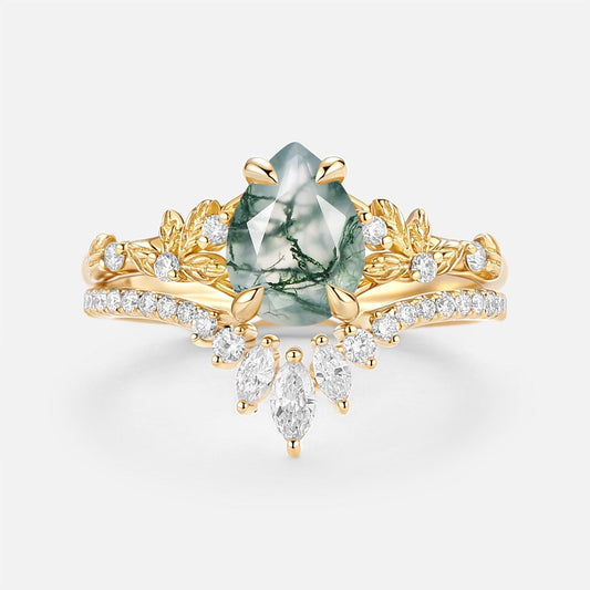 Kestrel Pear Cut Leafy Moss Agate Engagement Ring Set 2pcs.