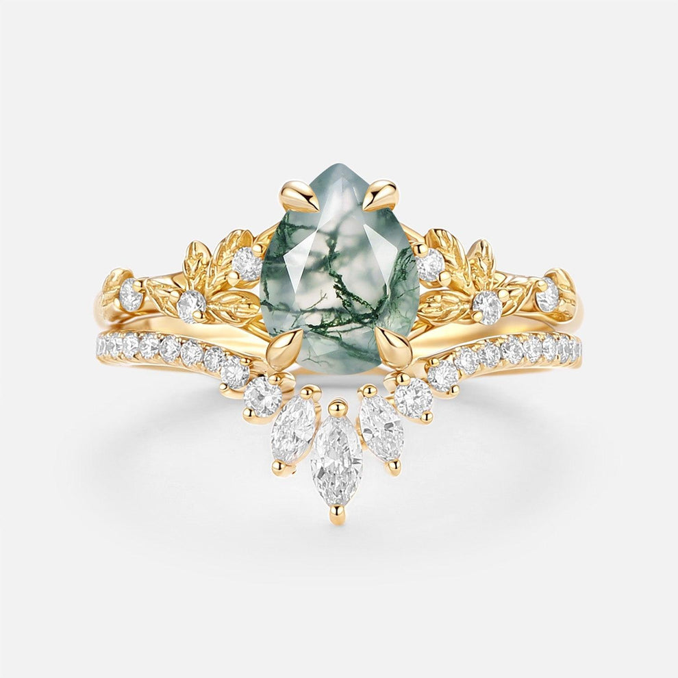 Kestrel Pear Cut Leafy Moss Agate Engagement Ring Set 2pcs.