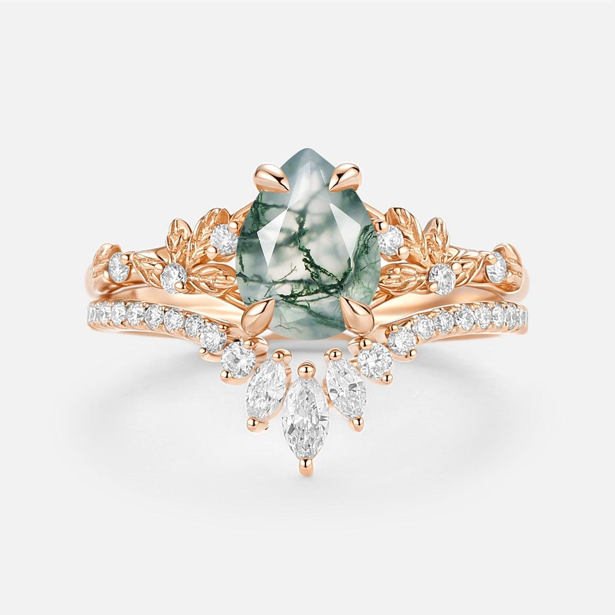 Kestrel Pear Cut Leafy Moss Agate Engagement Ring Set 2pcs.