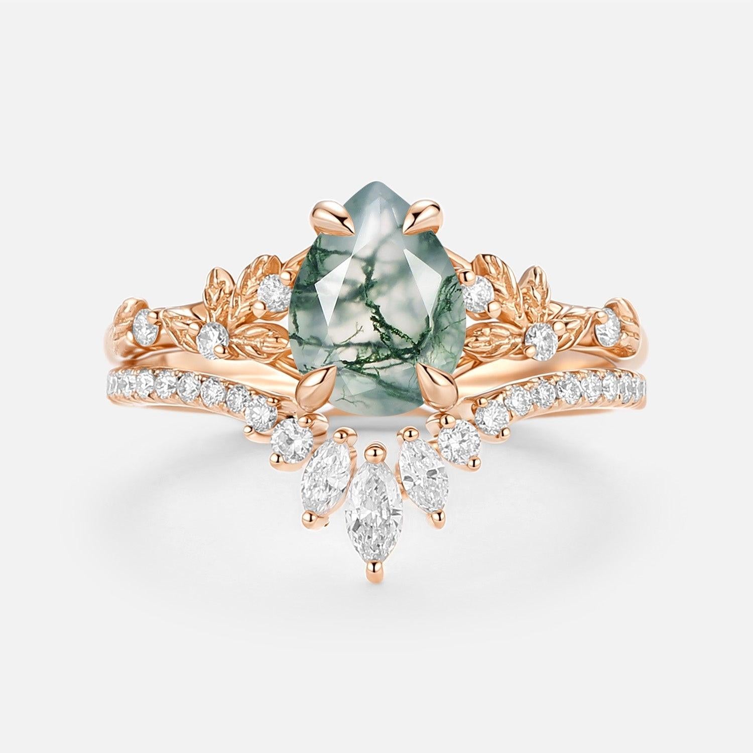 Kestrel Pear Cut Leafy Moss Agate Engagement Ring Set 2pcs.