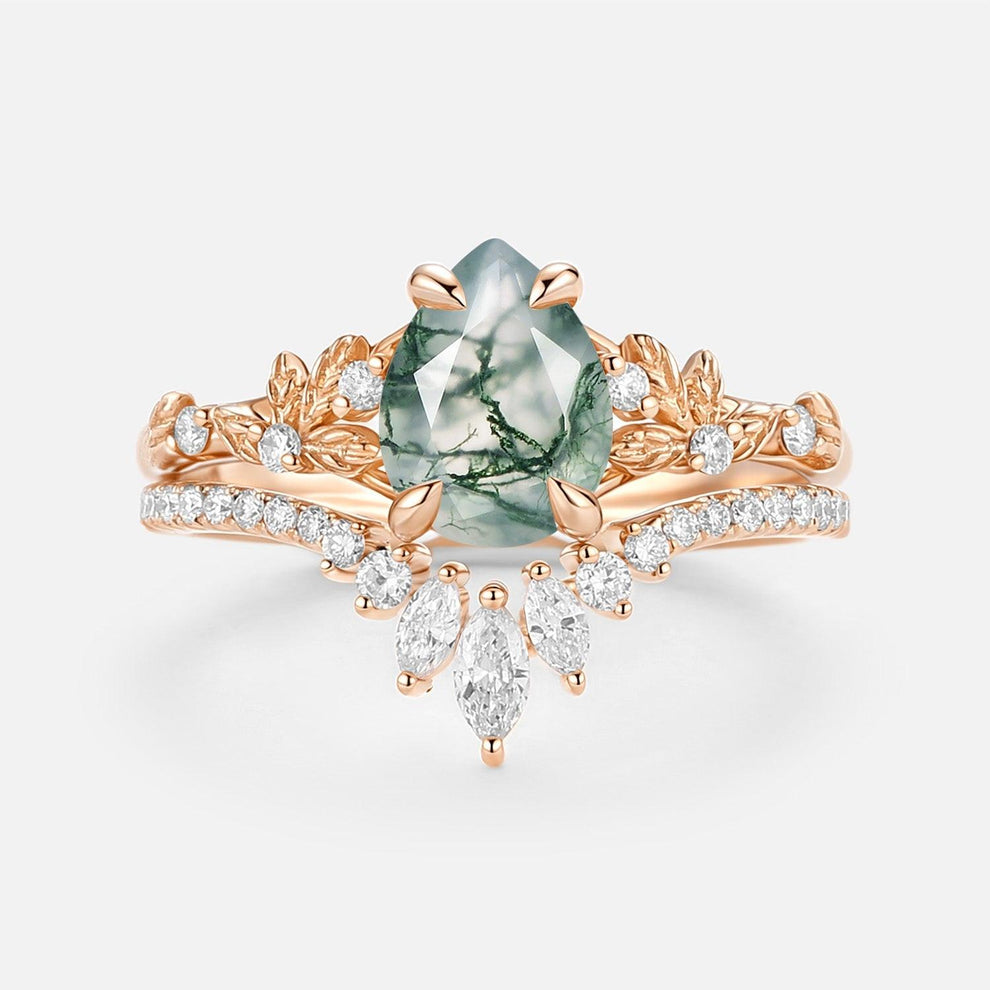 Kestrel Pear Cut Leafy Moss Agate Engagement Ring Set 2pcs.