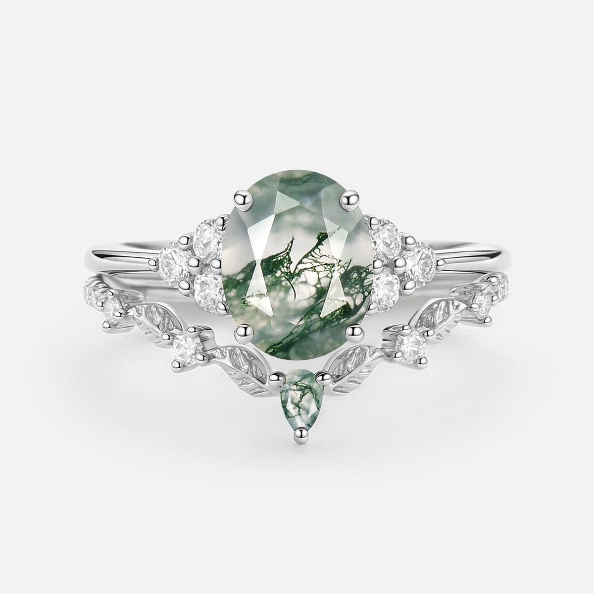 Thalyn Moss Agate Oval Cut Leaf Ring Set 2pcs.