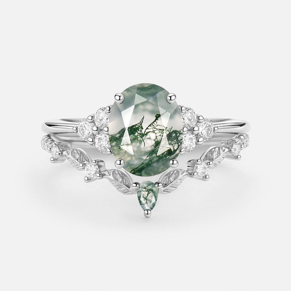 Thalyn Moss Agate Oval Cut Leaf Ring Set 2pcs.
