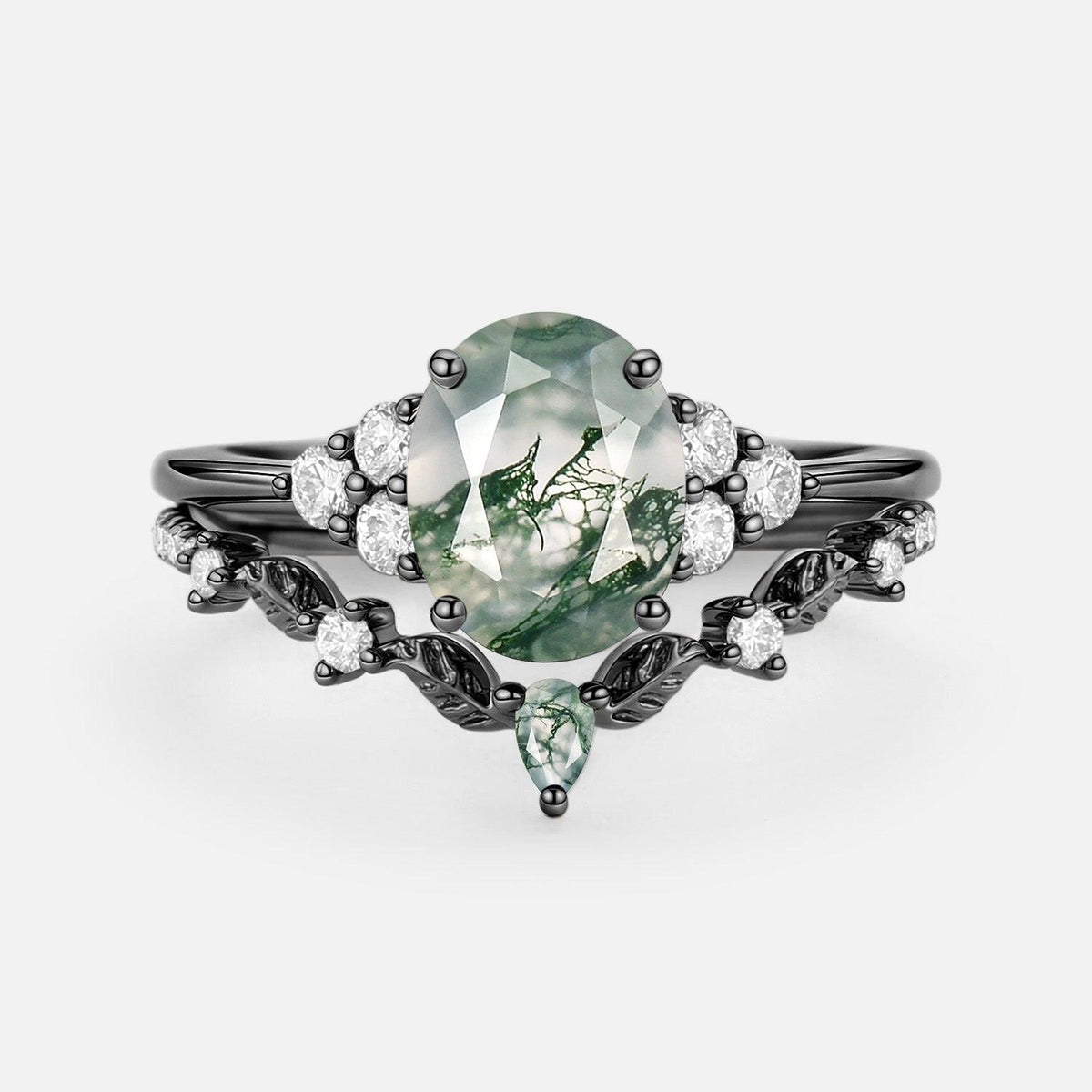 Thalyn Moss Agate Oval Cut Leaf Ring Set 2pcs.