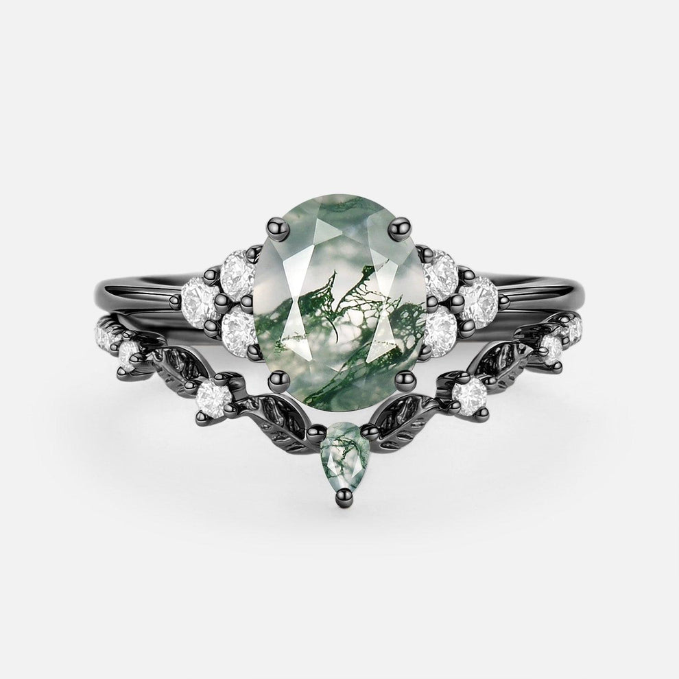Thalyn Moss Agate Oval Cut Leaf Ring Set 2pcs.