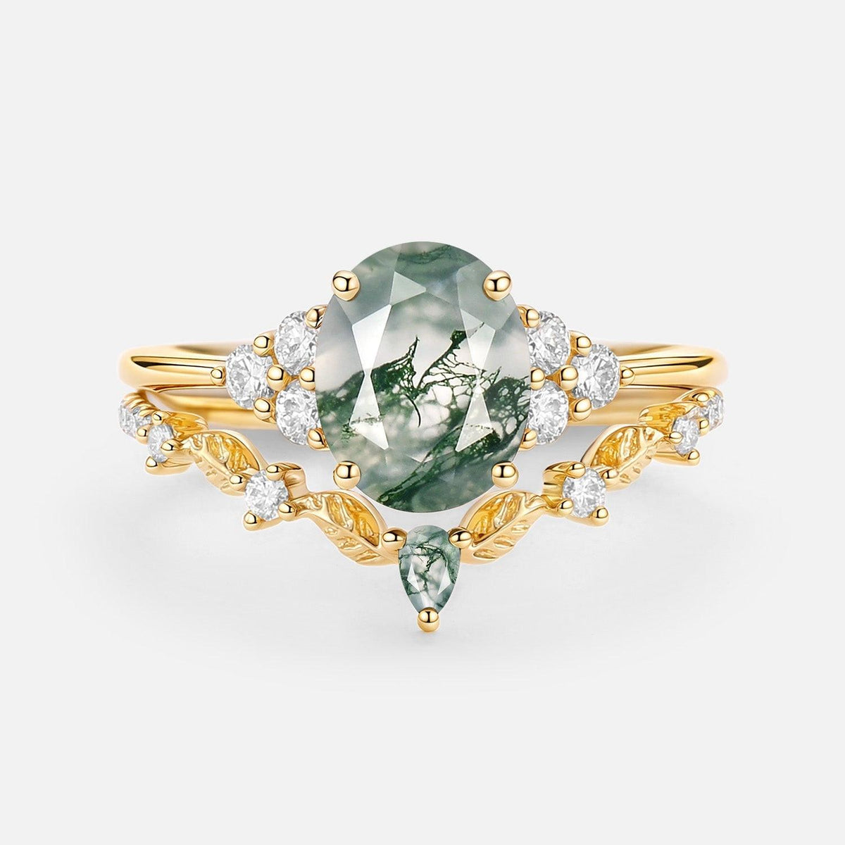 Thalyn Moss Agate Oval Cut Leaf Ring Set 2pcs.