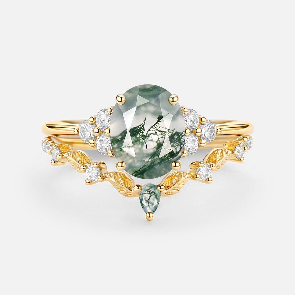 Thalyn Moss Agate Oval Cut Leaf Ring Set 2pcs.