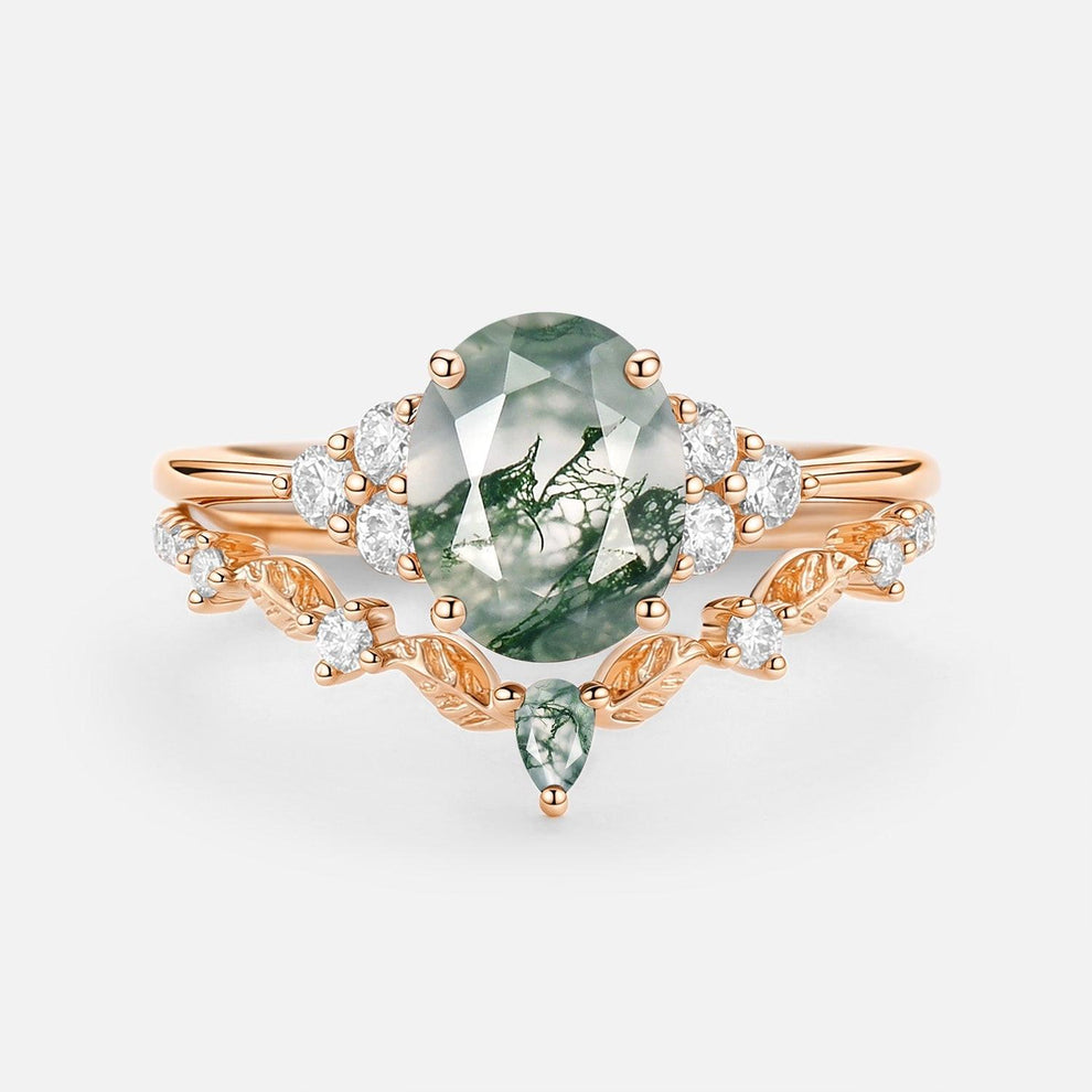 Thalyn Moss Agate Oval Cut Leaf Ring Set 2pcs.
