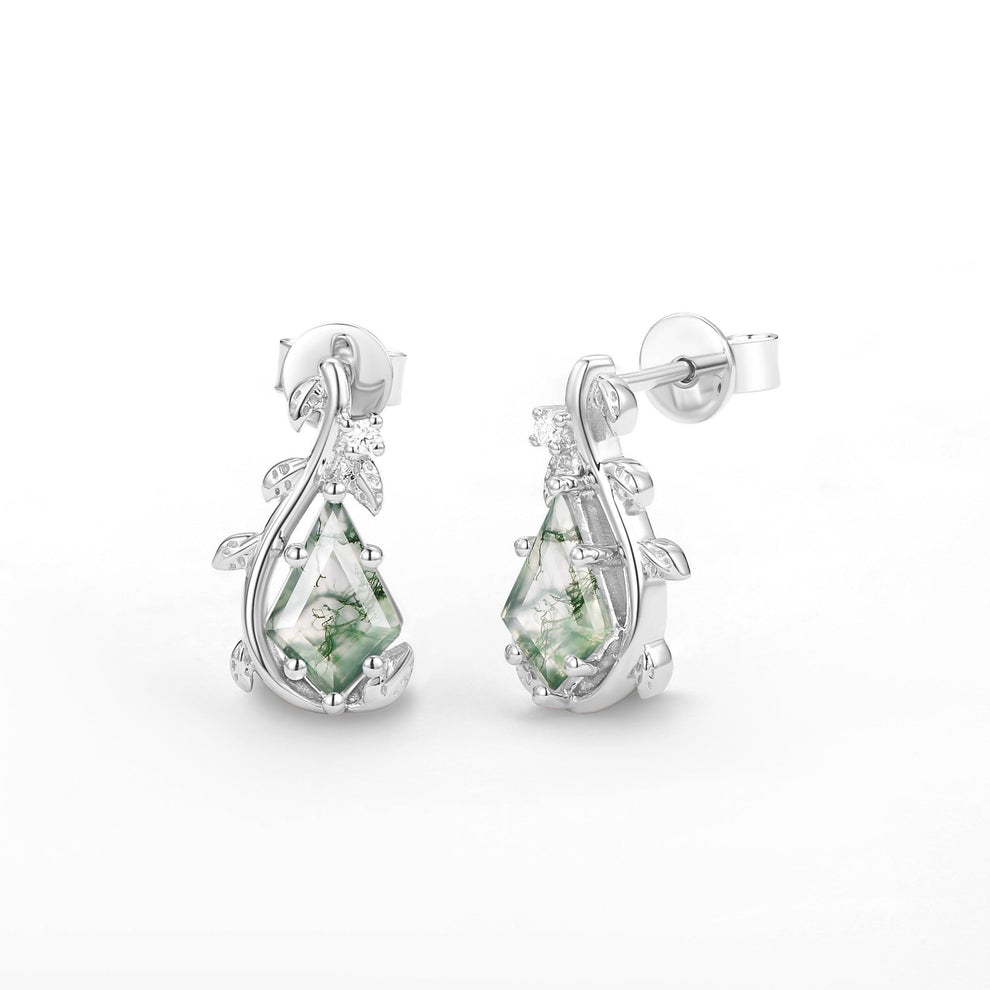Willow Jewelry Sets Nature Inspired Unique Kite Cut Moss Agate Leafy Ring & Necklace & Earrings Sets 5PCS.