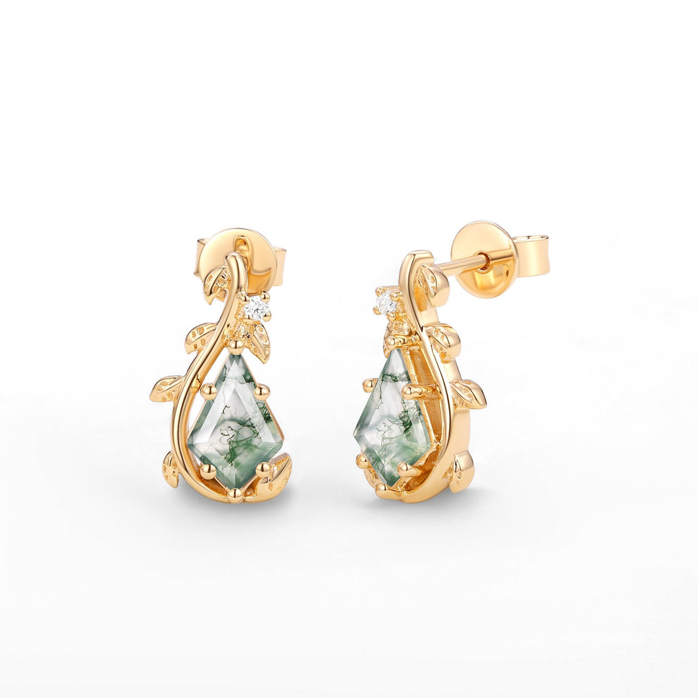 Willow Jewelry Sets Nature Inspired Unique Kite Cut Moss Agate Leafy Ring & Necklace & Earrings Sets 5PCS.
